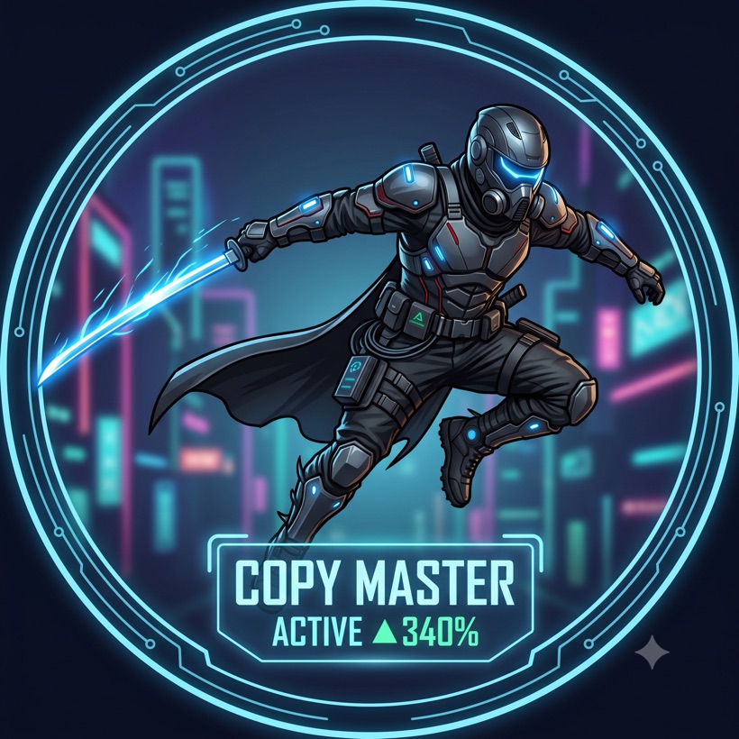 Armoured ninja mid-leap with a glowing blade, the Fast&Furious copy-trading avatar